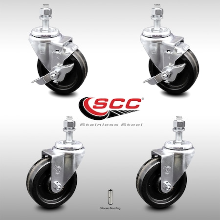Service Caster 4 Inch SS Phenolic Wheel Swivel 12mm Threaded Stem Caster Brakes SCC, 2PK SCC-SSTS20S414-PHS-M1215-2-TLB-2